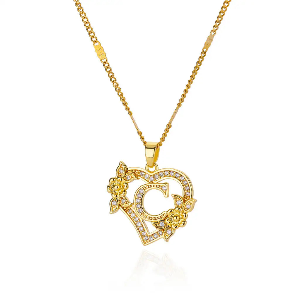 Lovely Zircon Flower Heart Initials Necklaces For Women Stainless Steel Heart Lover Gold Color Letter Chain Collar Necklace Jewelry - Sunymox Jewelry