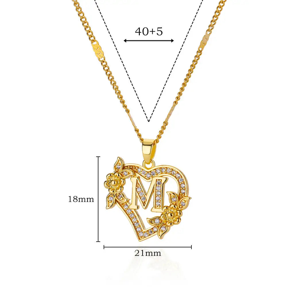 Lovely Zircon Flower Heart Initials Necklaces For Women Stainless Steel Heart Lover Gold Color Letter Chain Collar Necklace Jewelry - Sunymox Jewelry