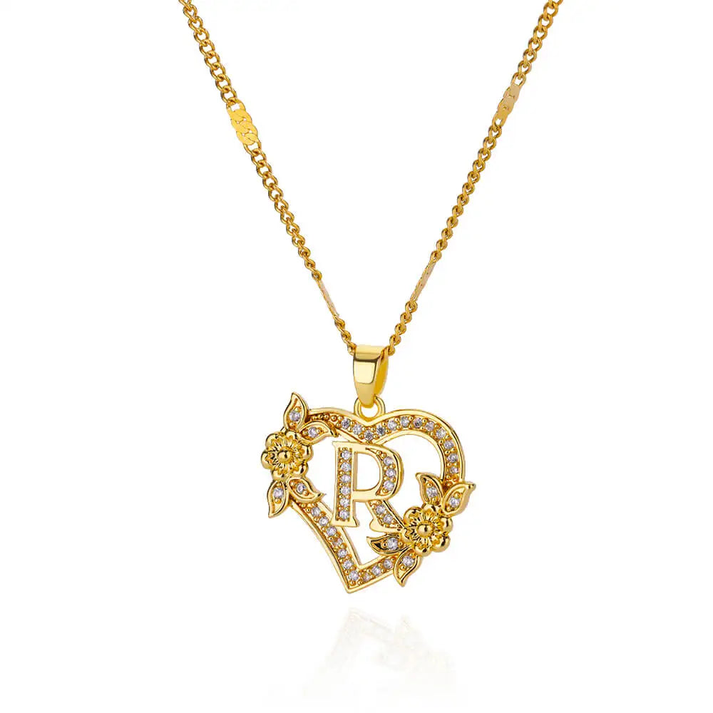Lovely Zircon Flower Heart Initials Necklaces For Women Stainless Steel Heart Lover Gold Color Letter Chain Collar Necklace Jewelry - Sunymox Jewelry