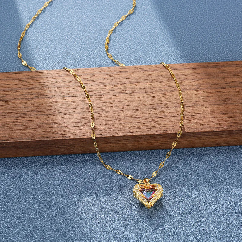 Criss Top Luxury Colorful Crystal Ocean Heart Pendant Necklace For Women Trendy 316L Stainless Steel Jewelry Female Wedding Neck Chain - Sunymox Jewelry