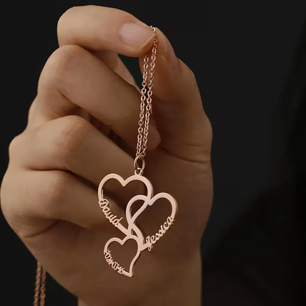 Emly Personalized Heart Necklace Customized Three Heart Name Pendant Family Necklace Stainless Steel Jewelry Mother's Day Gift - Sunymox Jewelry
