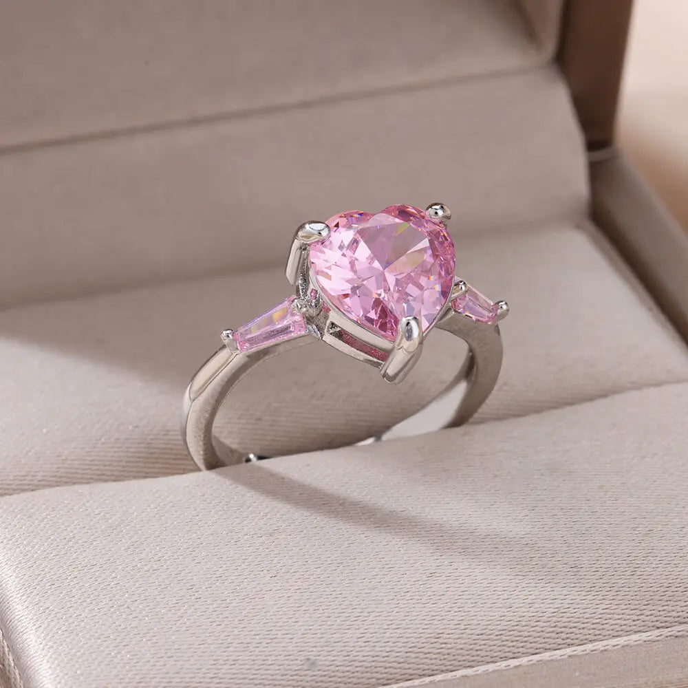 HAFSA Pink Zircon Heart Rings For Women Gold Plated Stainless Steel Adjustable Heart Ring 2025 Trend Wedding Aesthetic Jewelry Gift - Sunymox Jewelry