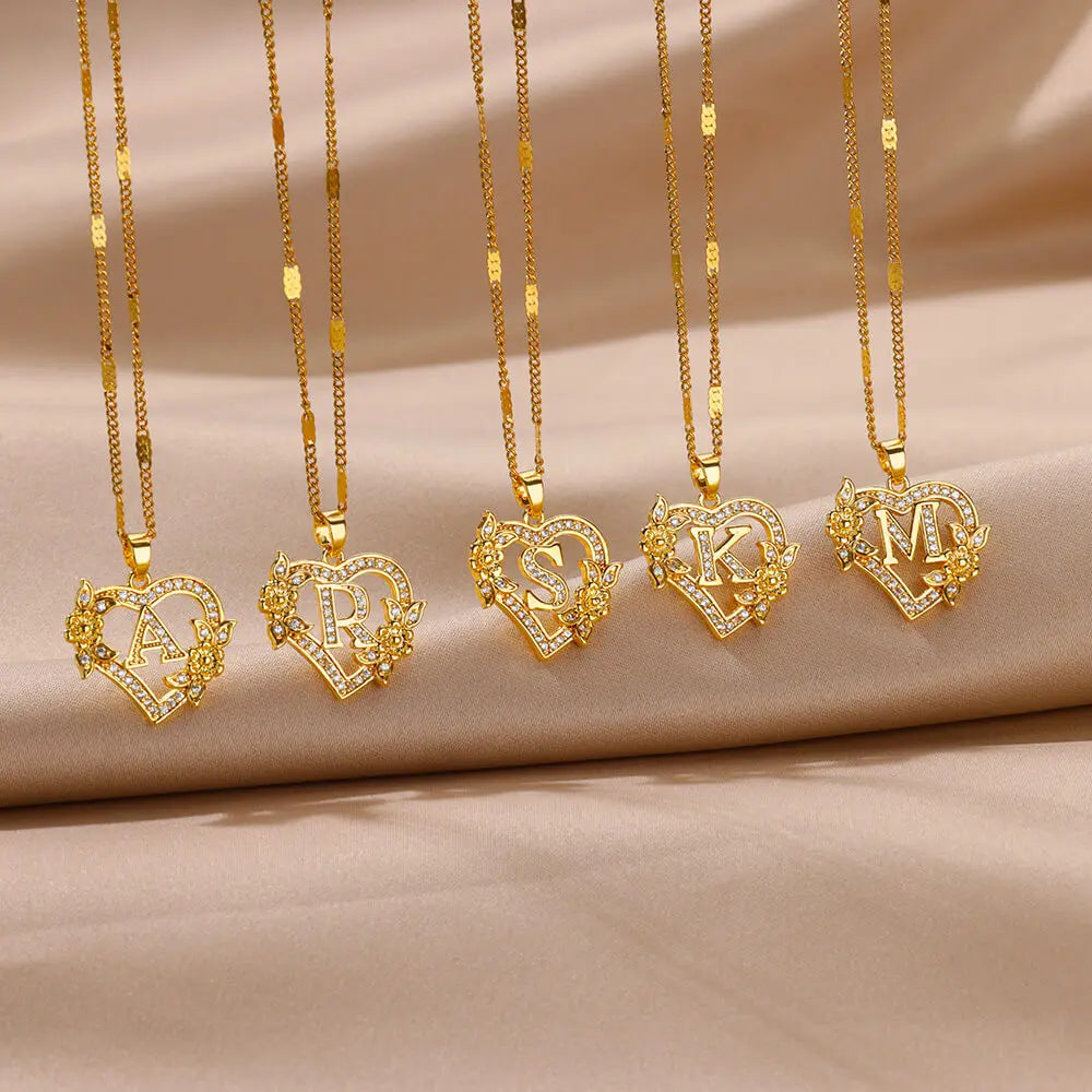 Lovely Zircon Flower Heart Initials Necklaces For Women Stainless Steel Heart Lover Gold Color Letter Chain Collar Necklace Jewelry - Sunymox Jewelry