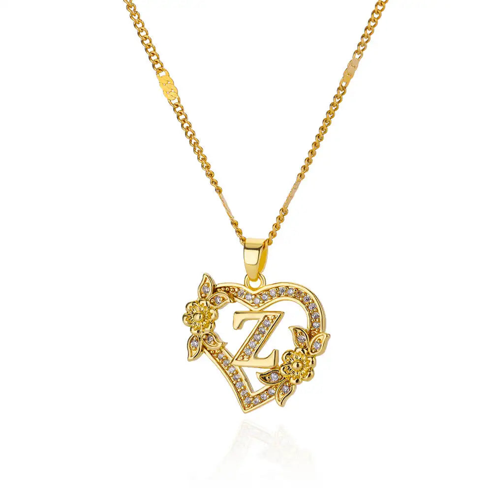 Lovely Zircon Flower Heart Initials Necklaces For Women Stainless Steel Heart Lover Gold Color Letter Chain Collar Necklace Jewelry - Sunymox Jewelry