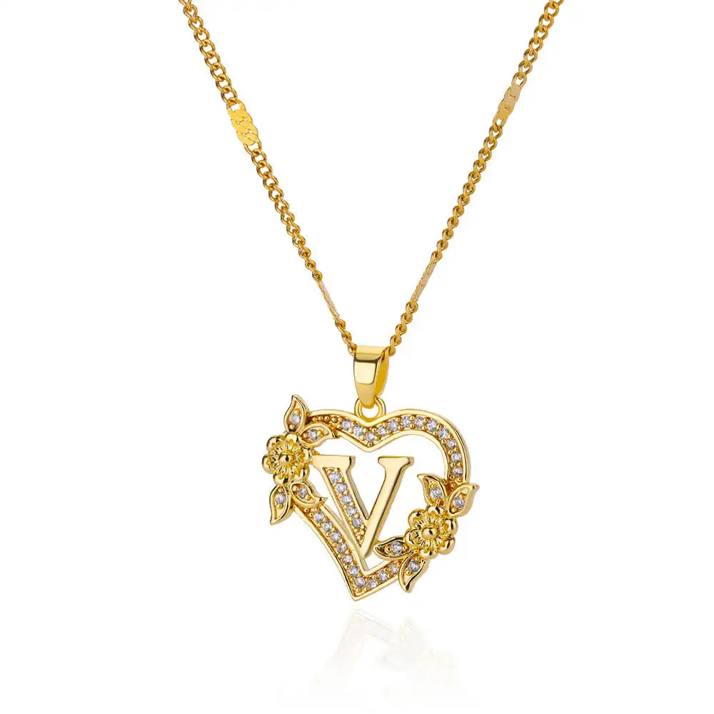Lovely Zircon Flower Heart Initials Necklaces For Women Stainless Steel Heart Lover Gold Color Letter Chain Collar Necklace Jewelry - Sunymox Jewelry