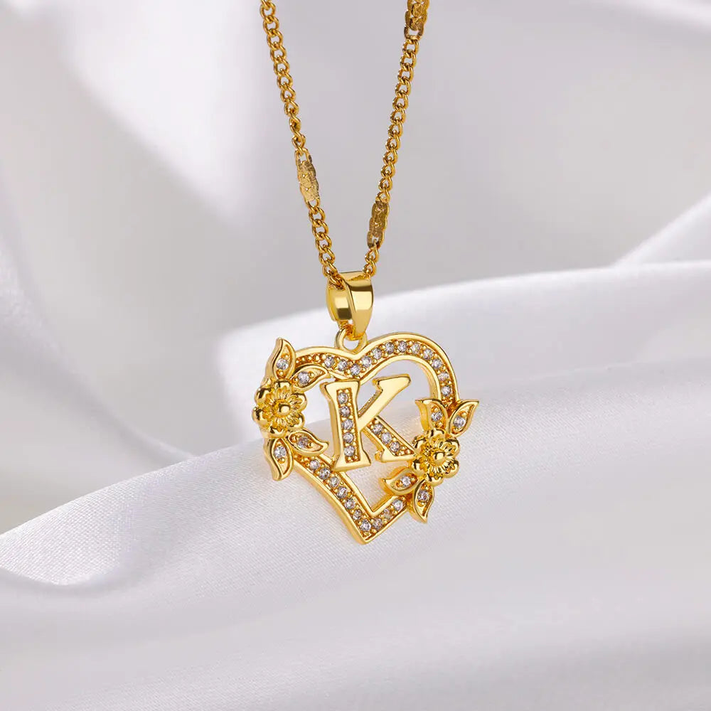 Lovely Zircon Flower Heart Initials Necklaces For Women Stainless Steel Heart Lover Gold Color Letter Chain Collar Necklace Jewelry - Sunymox Jewelry