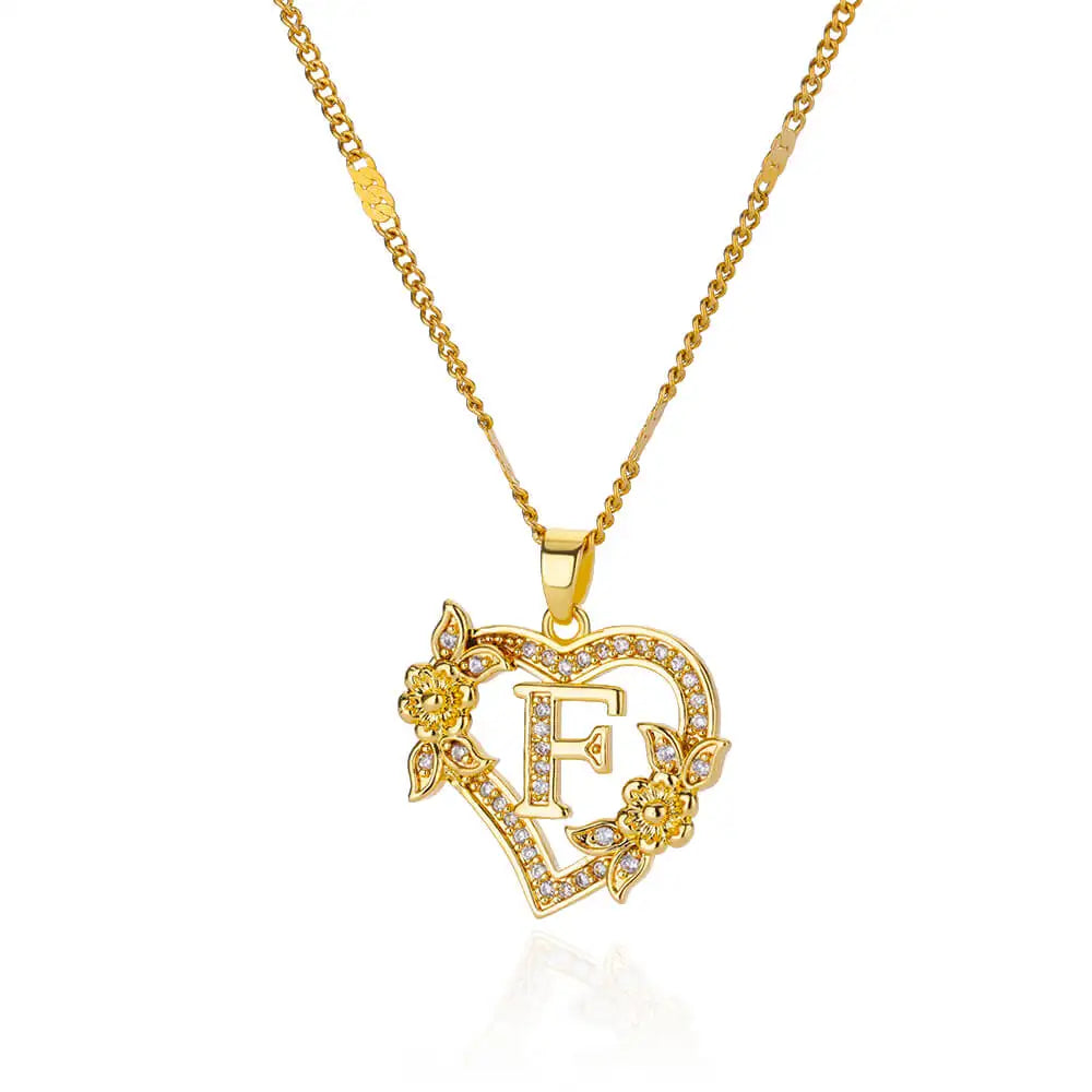 Lovely Zircon Flower Heart Initials Necklaces For Women Stainless Steel Heart Lover Gold Color Letter Chain Collar Necklace Jewelry - Sunymox Jewelry