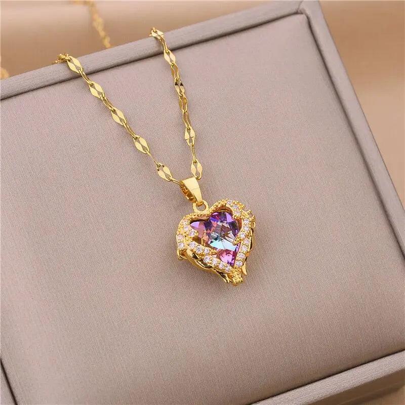 Criss Top Luxury Colorful Crystal Ocean Heart Pendant Necklace For Women Trendy 316L Stainless Steel Jewelry Female Wedding Neck Chain - Sunymox Jewelry