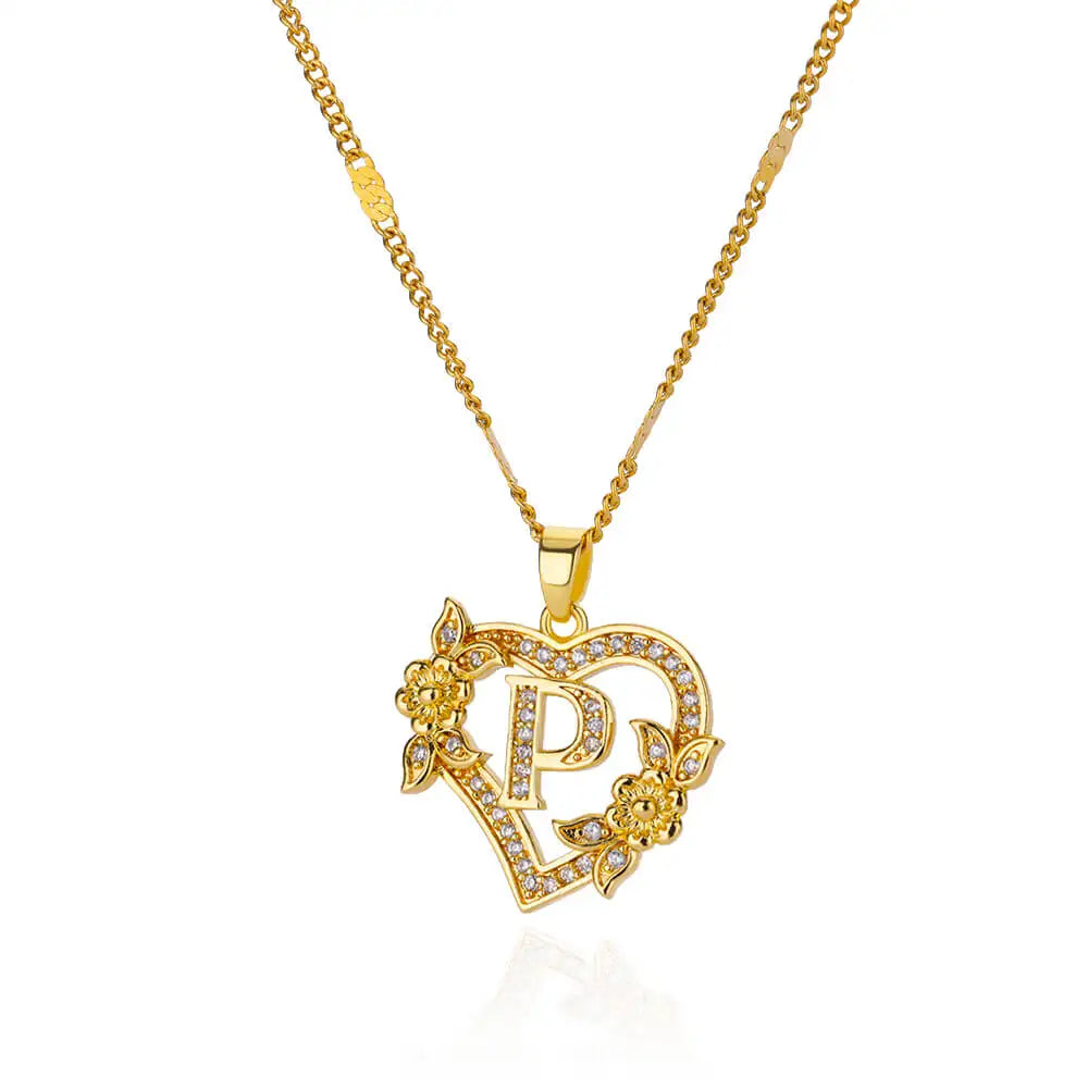 Lovely Zircon Flower Heart Initials Necklaces For Women Stainless Steel Heart Lover Gold Color Letter Chain Collar Necklace Jewelry - Sunymox Jewelry