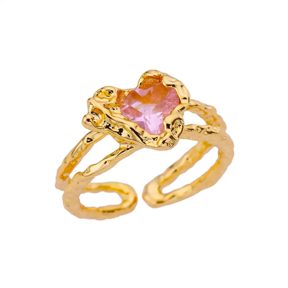 HAFSA Pink Zircon Heart Rings For Women Gold Plated Stainless Steel Adjustable Heart Ring 2025 Trend Wedding Aesthetic Jewelry Gift - Sunymox Jewelry
