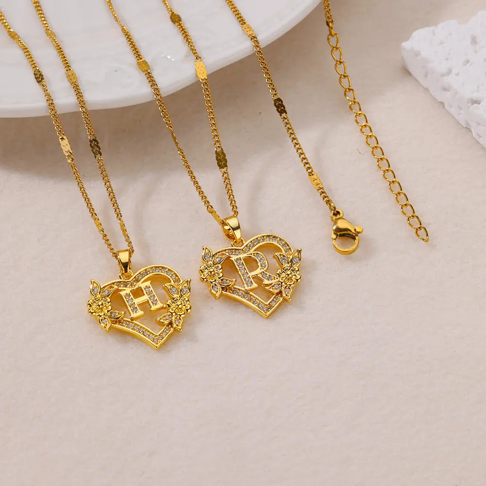 Lovely Zircon Flower Heart Initials Necklaces For Women Stainless Steel Heart Lover Gold Color Letter Chain Collar Necklace Jewelry - Sunymox Jewelry