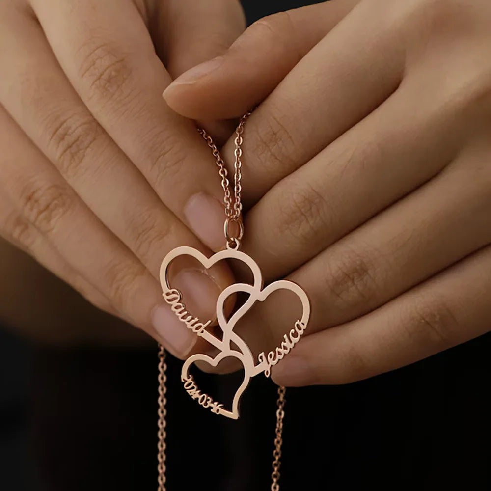 Emly Personalized Heart Necklace Customized Three Heart Name Pendant Family Necklace Stainless Steel Jewelry Mother's Day Gift - Sunymox Jewelry
