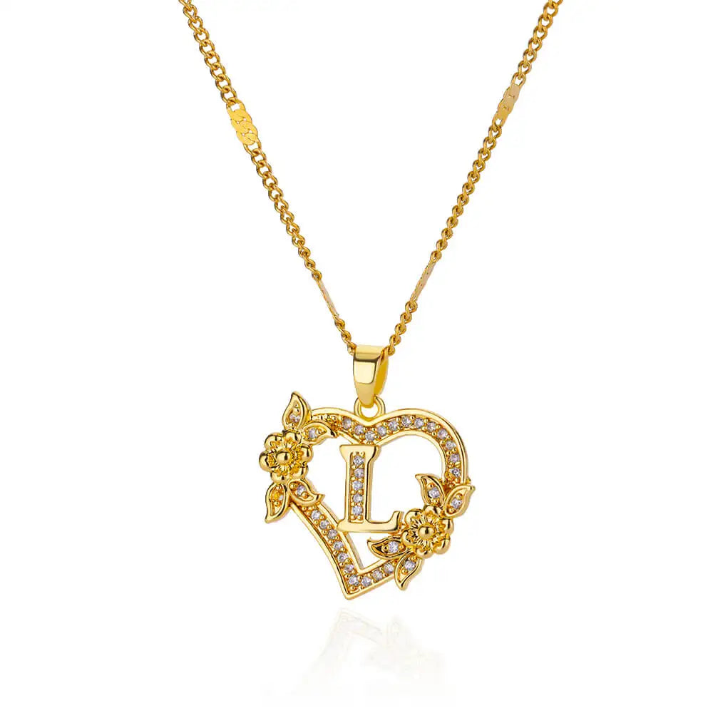 Lovely Zircon Flower Heart Initials Necklaces For Women Stainless Steel Heart Lover Gold Color Letter Chain Collar Necklace Jewelry - Sunymox Jewelry