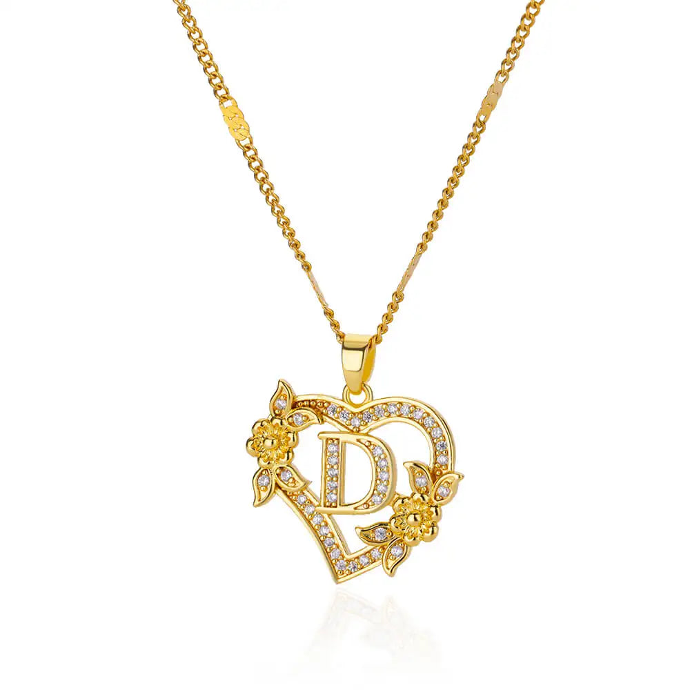 Lovely Zircon Flower Heart Initials Necklaces For Women Stainless Steel Heart Lover Gold Color Letter Chain Collar Necklace Jewelry - Sunymox Jewelry