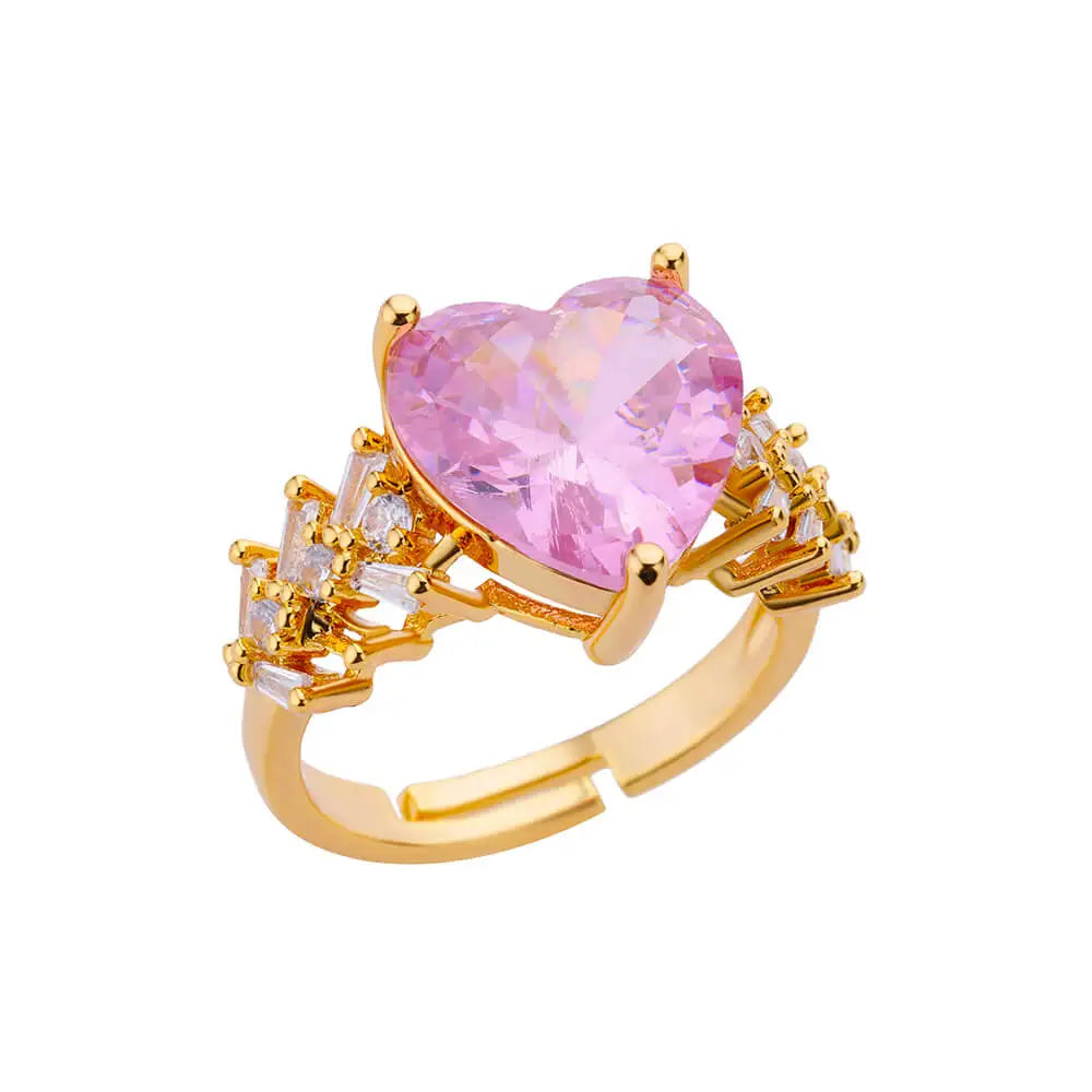 HAFSA Pink Zircon Heart Rings For Women Gold Plated Stainless Steel Adjustable Heart Ring 2025 Trend Wedding Aesthetic Jewelry Gift - Sunymox Jewelry