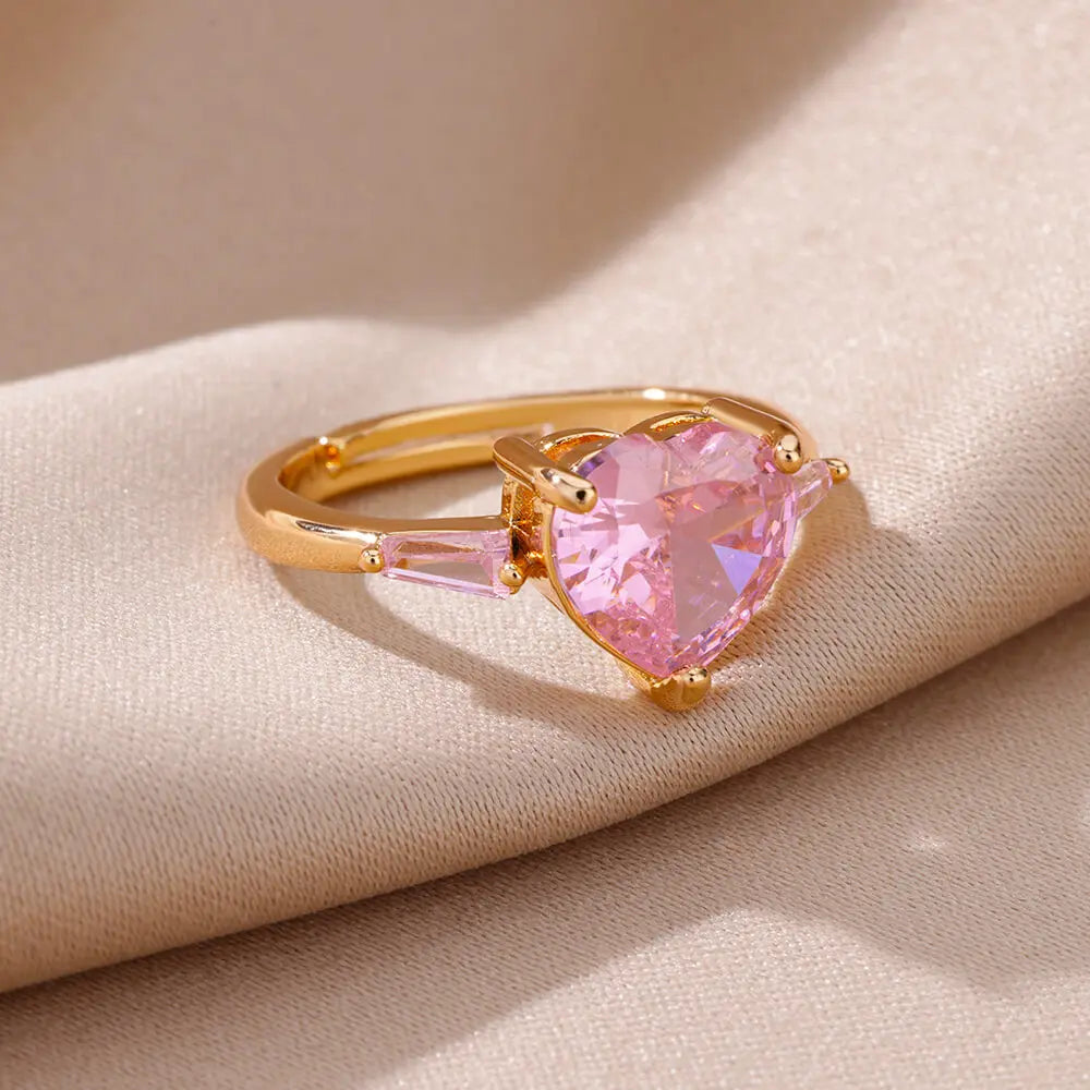 HAFSA Pink Zircon Heart Rings For Women Gold Plated Stainless Steel Adjustable Heart Ring 2025 Trend Wedding Aesthetic Jewelry Gift - Sunymox Jewelry