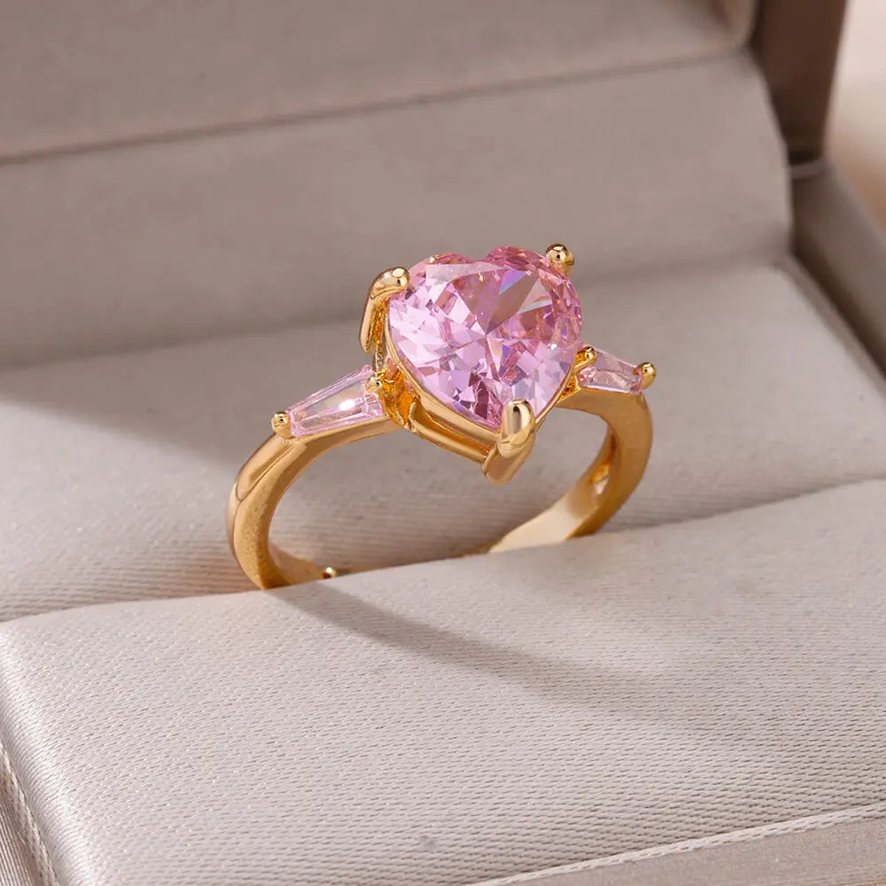 HAFSA Pink Zircon Heart Rings For Women Gold Plated Stainless Steel Adjustable Heart Ring 2025 Trend Wedding Aesthetic Jewelry Gift - Sunymox Jewelry
