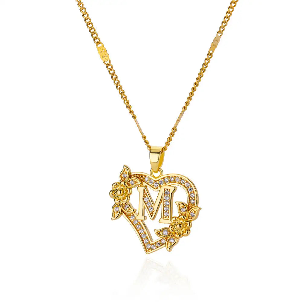 Lovely Zircon Flower Heart Initials Necklaces For Women Stainless Steel Heart Lover Gold Color Letter Chain Collar Necklace Jewelry - Sunymox Jewelry