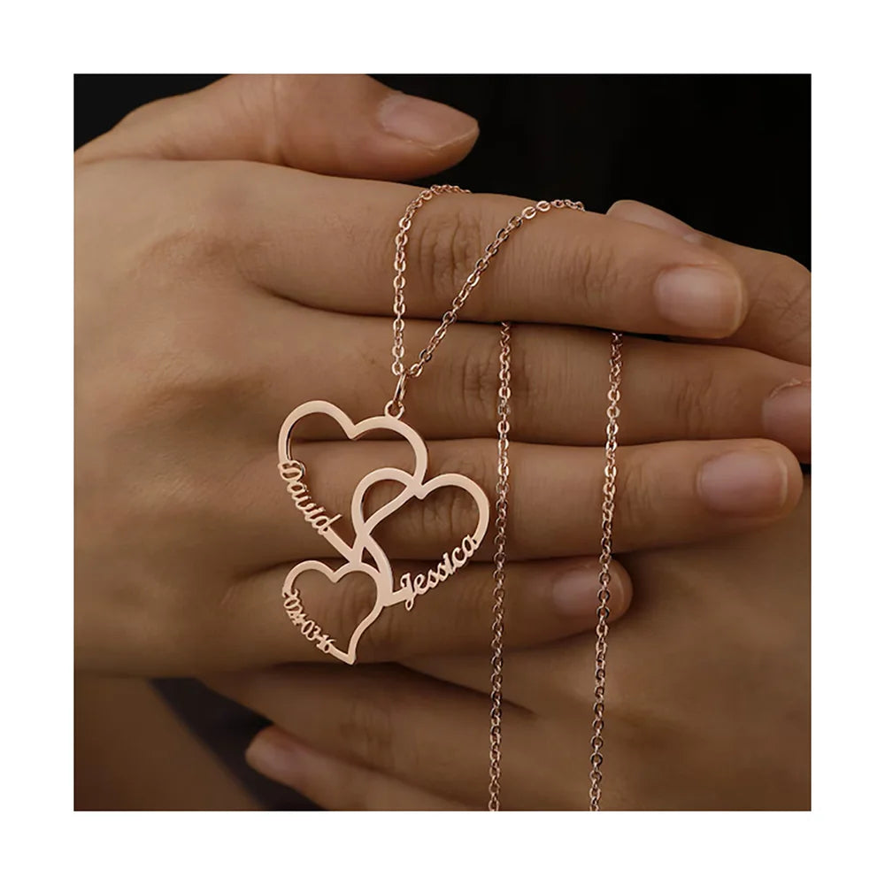 Emly Personalized Heart Necklace Customized Three Heart Name Pendant Family Necklace Stainless Steel Jewelry Mother's Day Gift - Sunymox Jewelry