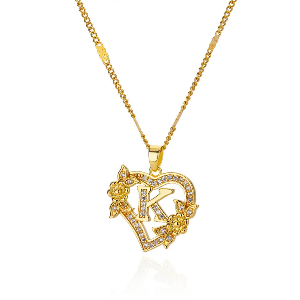 Lovely Zircon Flower Heart Initials Necklaces For Women Stainless Steel Heart Lover Gold Color Letter Chain Collar Necklace Jewelry - Sunymox Jewelry