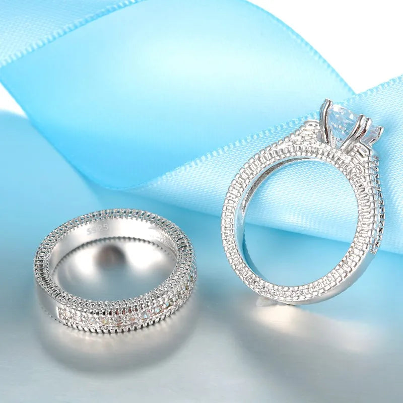 SUNY RING Elegant Wedding Engagement Couple Rings Set 925 Sterling Silver Color Anniversary Accessory With Full Shiny Cubiz Zircon Stone - Sunymox Jewelry