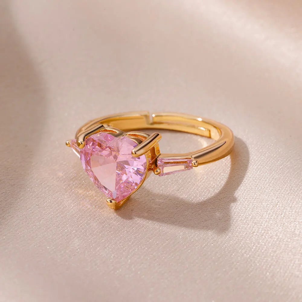 HAFSA Pink Zircon Heart Rings For Women Gold Plated Stainless Steel Adjustable Heart Ring 2025 Trend Wedding Aesthetic Jewelry Gift - Sunymox Jewelry