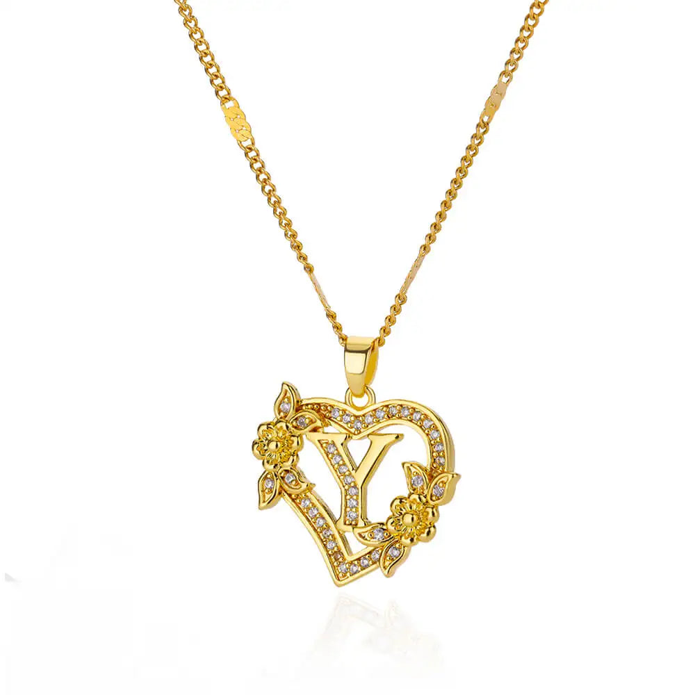 Lovely Zircon Flower Heart Initials Necklaces For Women Stainless Steel Heart Lover Gold Color Letter Chain Collar Necklace Jewelry - Sunymox Jewelry