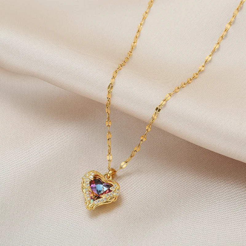 Criss Top Luxury Colorful Crystal Ocean Heart Pendant Necklace For Women Trendy 316L Stainless Steel Jewelry Female Wedding Neck Chain - Sunymox Jewelry