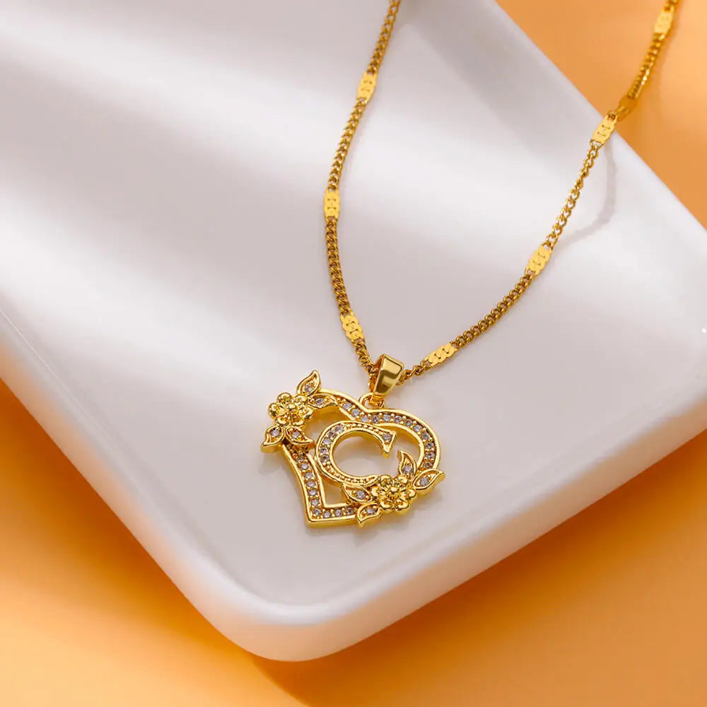 Lovely Zircon Flower Heart Initials Necklaces For Women Stainless Steel Heart Lover Gold Color Letter Chain Collar Necklace Jewelry - Sunymox Jewelry