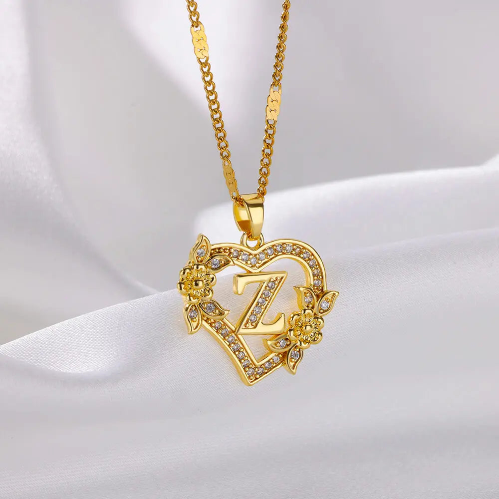Lovely Zircon Flower Heart Initials Necklaces For Women Stainless Steel Heart Lover Gold Color Letter Chain Collar Necklace Jewelry - Sunymox Jewelry