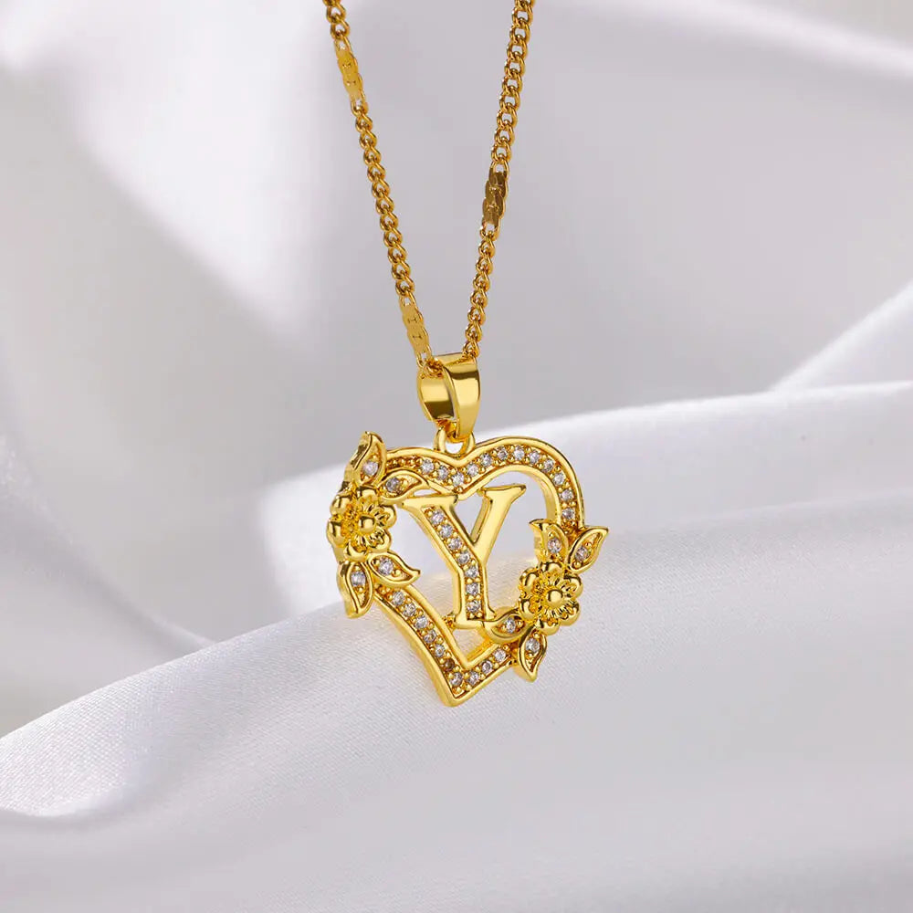 Lovely Zircon Flower Heart Initials Necklaces For Women Stainless Steel Heart Lover Gold Color Letter Chain Collar Necklace Jewelry - Sunymox Jewelry