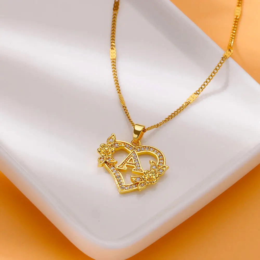 Lovely Zircon Flower Heart Initials Necklaces For Women Stainless Steel Heart Lover Gold Color Letter Chain Collar Necklace Jewelry - Sunymox Jewelry