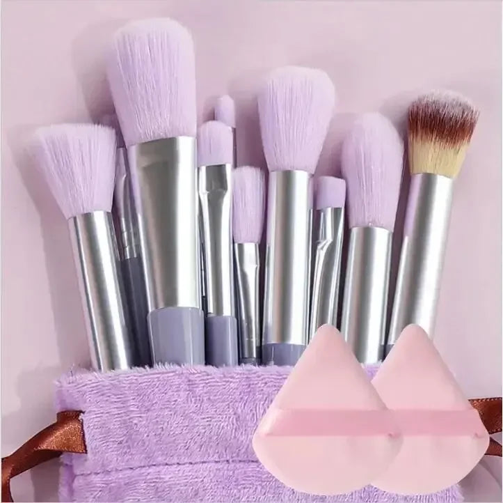 Fluffy makeup brushes in pouch