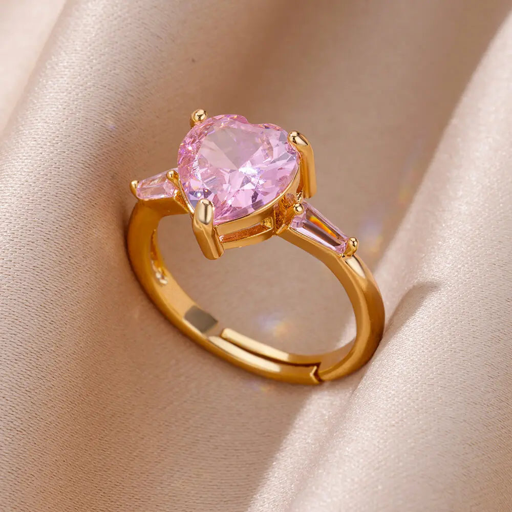 HAFSA Pink Zircon Heart Rings For Women Gold Plated Stainless Steel Adjustable Heart Ring 2025 Trend Wedding Aesthetic Jewelry Gift - Sunymox Jewelry