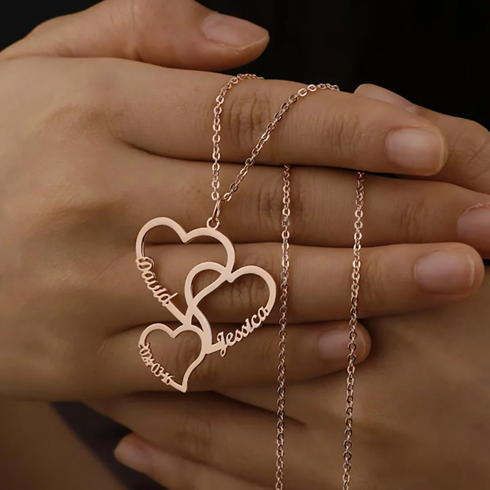 Emly Personalized Heart Necklace Customized Three Heart Name Pendant Family Necklace Stainless Steel Jewelry Mother's Day Gift - Sunymox Jewelry