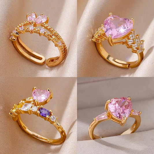 HAFSA Pink Zircon Heart Rings For Women Gold Plated Stainless Steel Adjustable Heart Ring 2025 Trend Wedding Aesthetic Jewelry Gift - Sunymox Jewelry