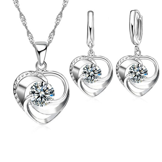 Suny 925 Sterling Silver Stamped Necklace Earrings Set Long Chain Sweet Romantic Style Love Heart Shape For Women Lady Wife - Sunymox Jewelry