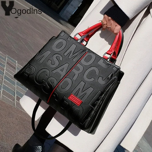 Lupa Casual Crossbody Bag for Women featuring a stylish design in black with bold lettering and red accents.