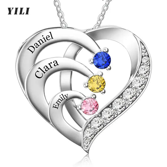 katerin Necklace Personalized Name Necklace with Birthstones Custom Promise Necklace Heart Pendant with Engraved Names Christmas Jewelry Gifts - Sunymox Jewelry