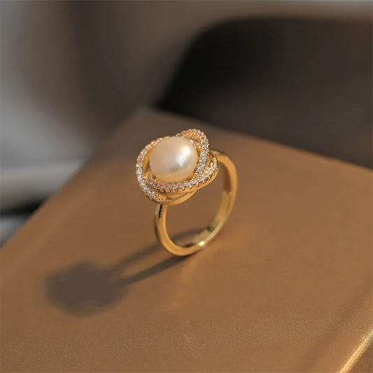 HODA Simple Inlaid Zircon Golden Rose Pearl Ring for Women Personalized Fashionable Daily Accessories Party Jewelry Birthday Gifts - Sunymox Jewelry