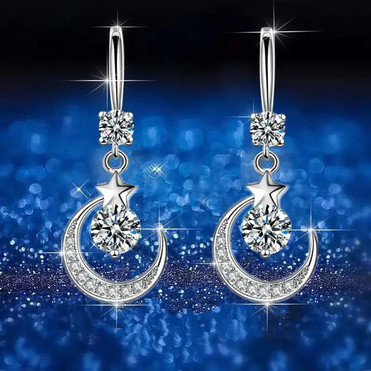 Layla Female Fashion Star Moon Earrings 925 Sterling Silver White Sapphire Pink Blue White Artificial Dangle Earrings - Sunymox Jewelry