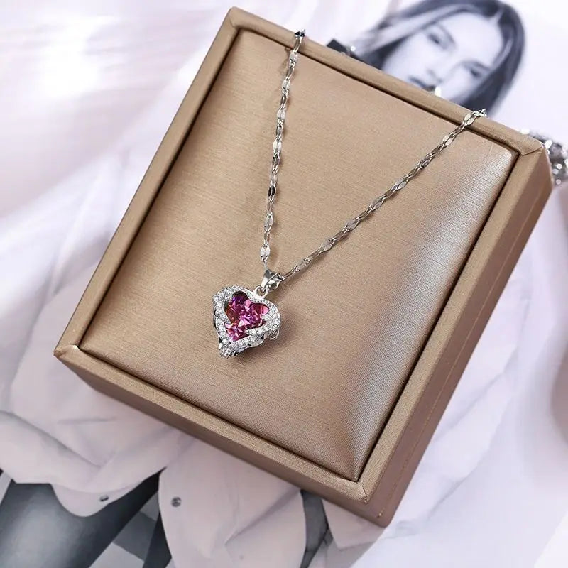 Criss Top Luxury Colorful Crystal Ocean Heart Pendant Necklace For Women Trendy 316L Stainless Steel Jewelry Female Wedding Neck Chain - Sunymox Jewelry