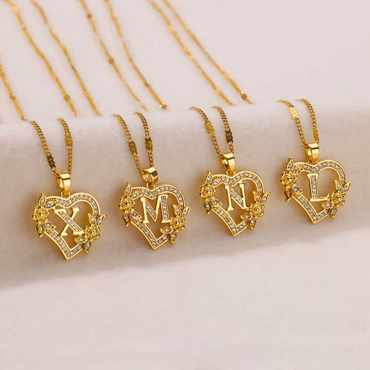 Lovely Zircon Flower Heart Initials Necklaces For Women Stainless Steel Heart Lover Gold Color Letter Chain Collar Necklace Jewelry - Sunymox Jewelry