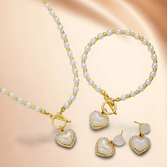 FATY Dainty Gold Plated Love Heart Crystal Rhinestone Faux Pearl Earrings Necklace Bracelet Jewelry Set for Women Elegant Accessories - Sunymox Jewelry