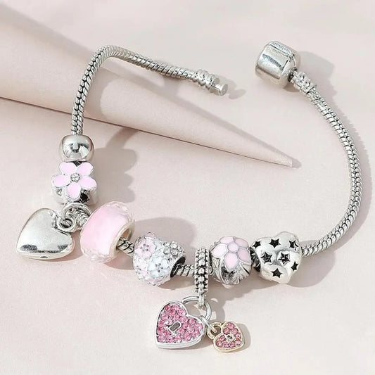 Silver heart and flower charm bracelet 
