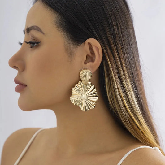 Gold lotus leaf drop earrings for women