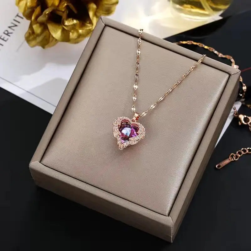 Criss Top Luxury Colorful Crystal Ocean Heart Pendant Necklace For Women Trendy 316L Stainless Steel Jewelry Female Wedding Neck Chain - Sunymox Jewelry
